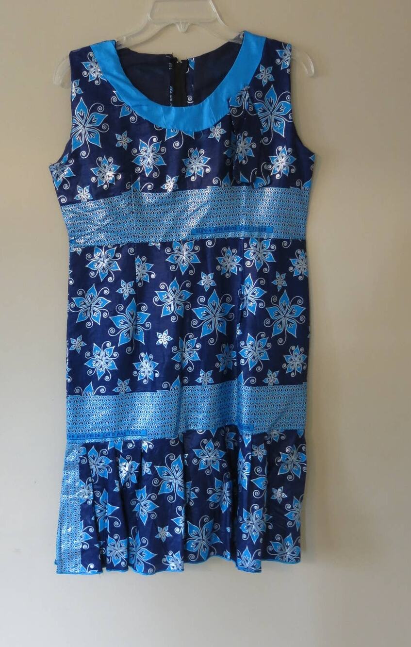 AFRICAN Handmade Ankara Dress Mid Length Sleeveless Floral Blue/Purple Ethnic